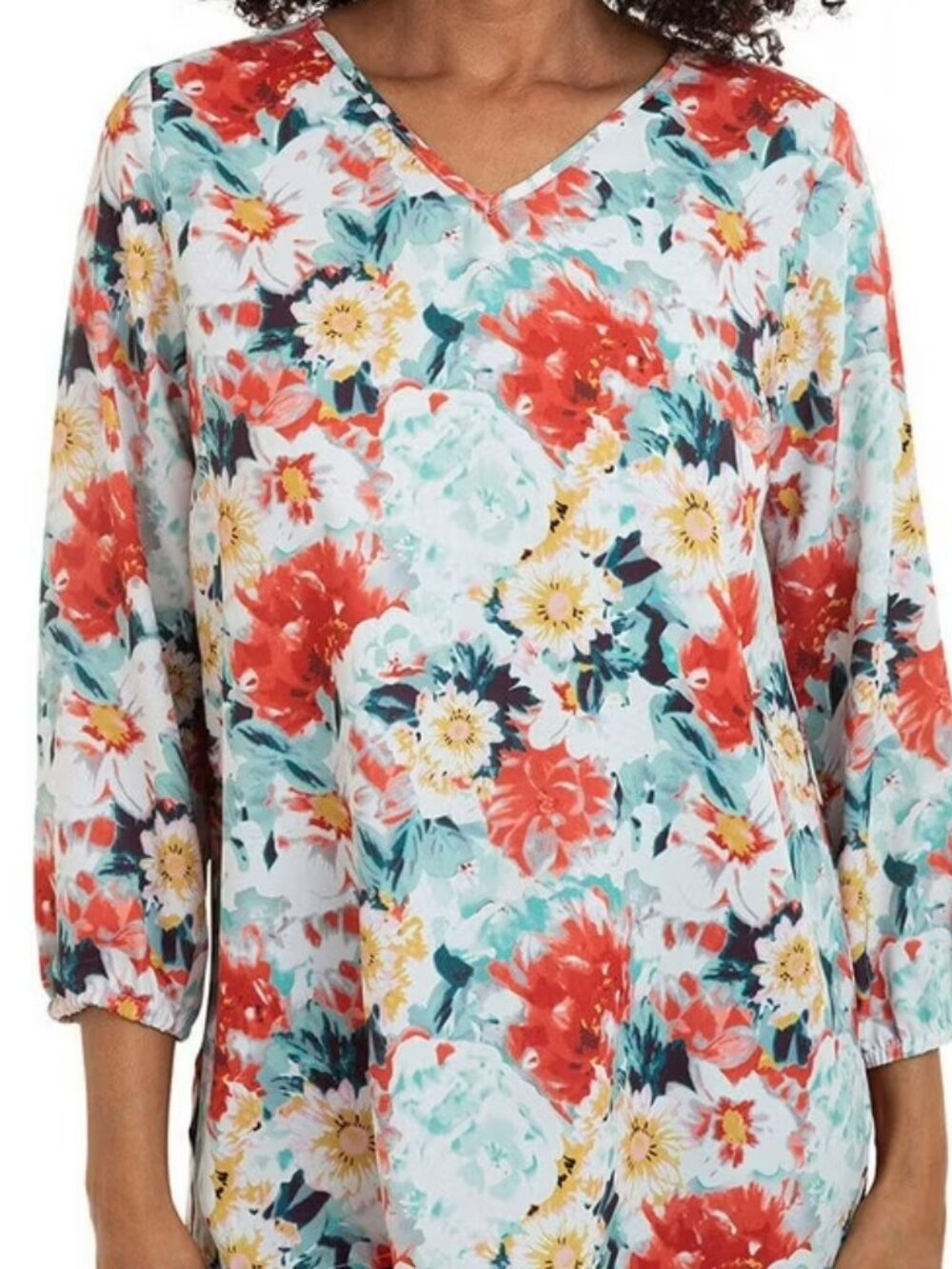 Mario Serrani Womens Floral V Neck Blouse Size Small Long Sleeve